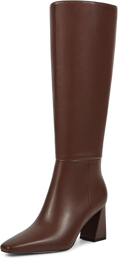 ISNOM Knee High Boots Women Almond Toe Chunky Boots for Women Tall Boots with Full Side Zipper Hi... | Amazon (US)