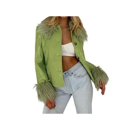 Women Fur Trim PU Leather Jacket Cardigan Long Sleeve Fall Winter Y2k Aesthetic Fluffy Cardigan Coat | Walmart (US)