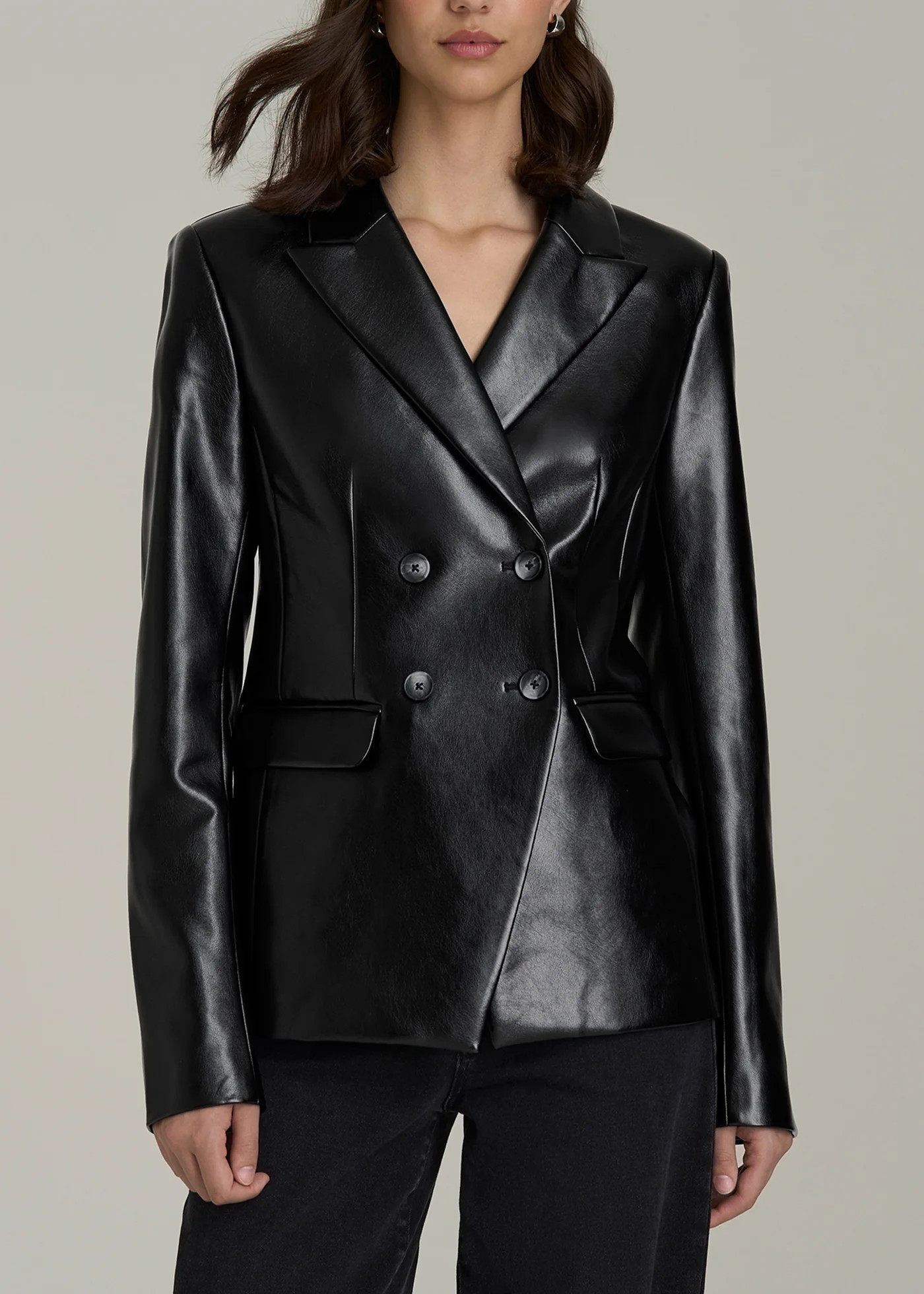 Faux Leather Double Breasted Blazer for Tall Women in Black | American Tall