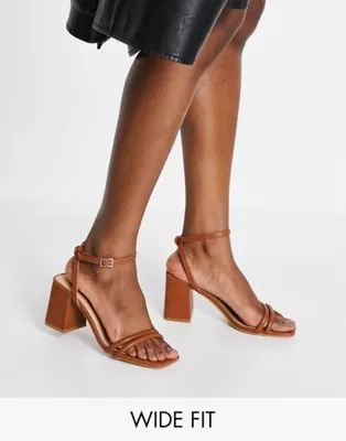 Truffle Collection wide fit strappy mid heeled sandal with square toe in tan | ASOS (Global)