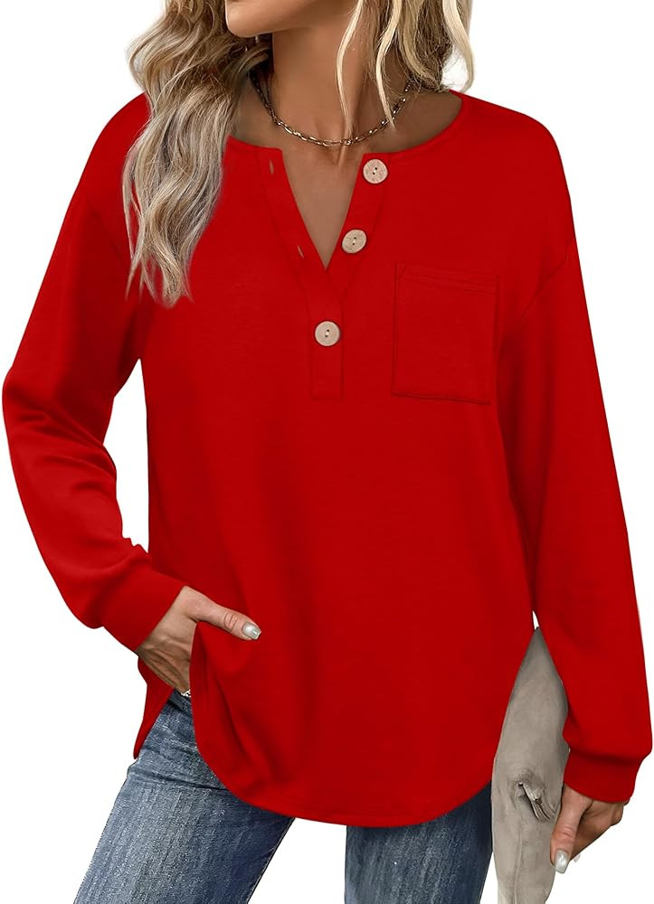 OFEEFAN Womens Tops Long Sleeve Curved Hem Tunic Tops V Neck Henley Shirts for Women Dressy Casua... | Amazon (US)
