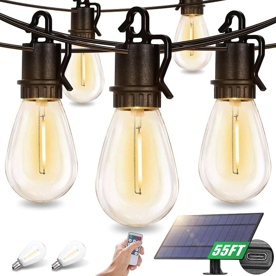 55FT Solar String Lights for Outside, Solar Lights Outdoor Waterproof with Remote Control USB Por... | Amazon (US)
