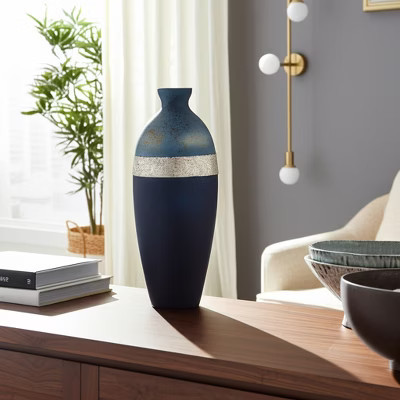 Modern Decorative Glass Vase with Textured Band and Curved Silhouette, Stylish Design Enhancements in Living Room or Entryway Display Arrangement | Target