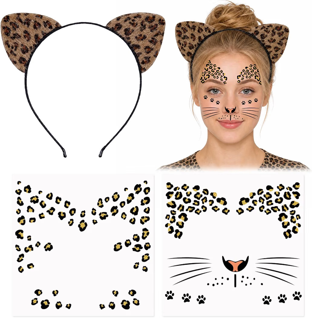 Leopard Ears Headband Cheetah Face Tattoo Leopard Print Cat Ears Headband | Amazon (US)
