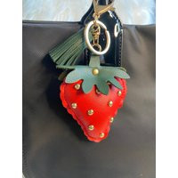 Leather Strawberry Bag Charm Keychain Key Ring Car Red Green Tassel Handmade New | Etsy (US)