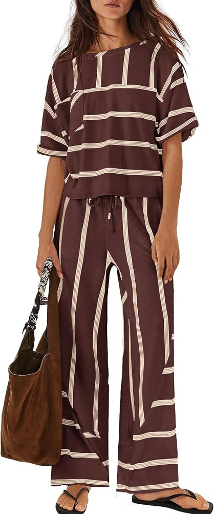 Nirovien Womens Striped Lounge Set 2 Piece Vacation Sets Short Sleeve Tops and Wide Leg Pants Tra... | Amazon (US)