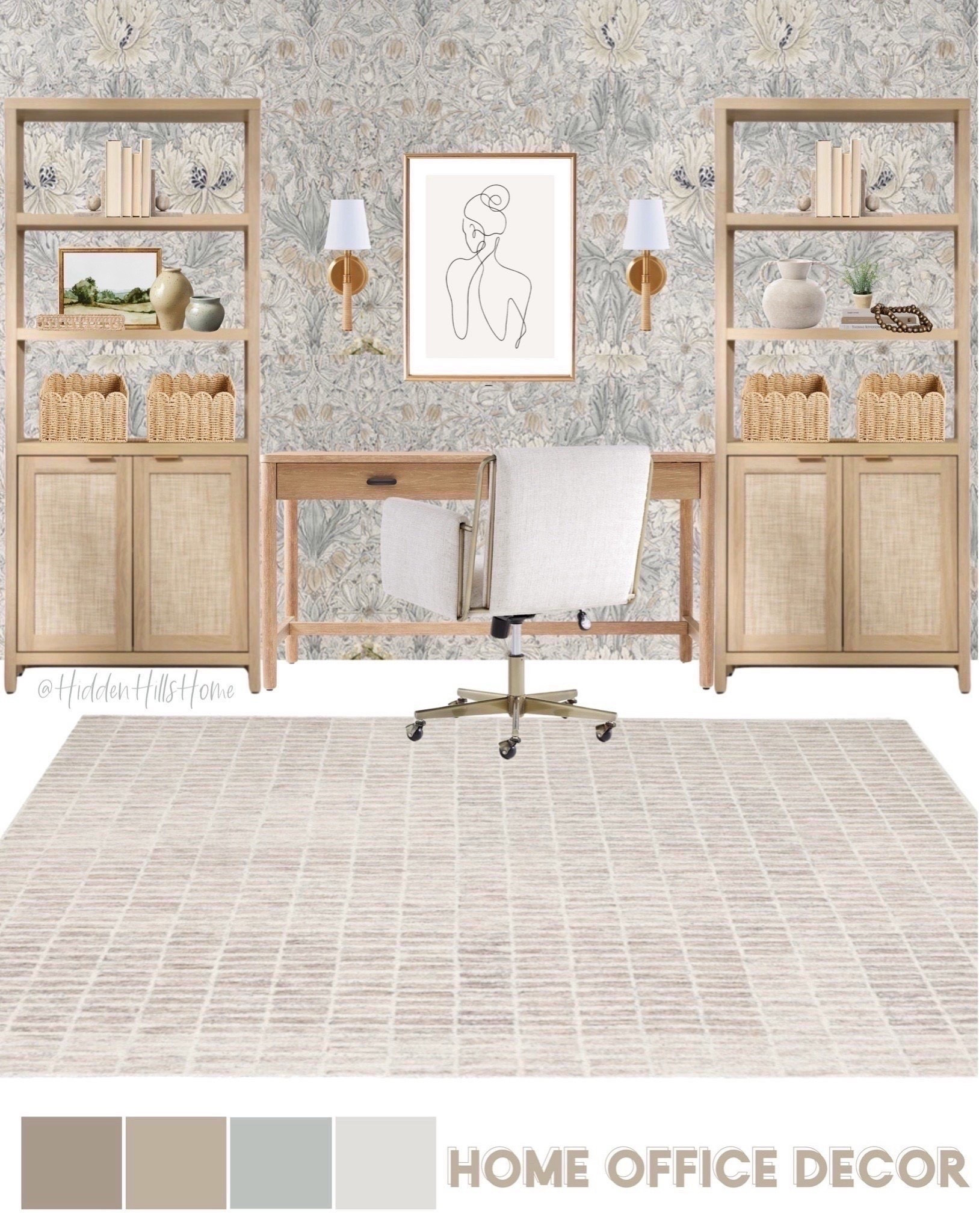 Home office mood board, office mood board, home office, desk, wallpaper, rug, bookcase #office

#LTKHome #LTKSaleAlert