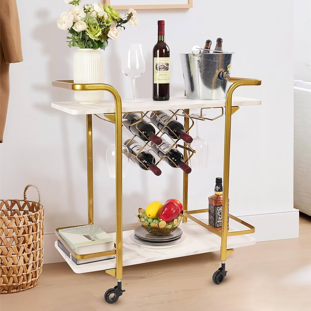 Jubao Deluxe Gold Bar Cart, 2-Tier Premium Texture Bar Cart for Kitchen and Dining Room Outdoor, ... | Amazon (US)
