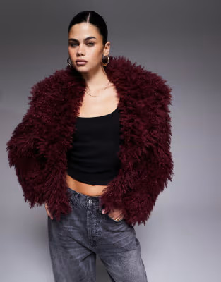 The Frolic exclusive oversized collar mongolian faux fur jacket in burgundy | ASOS | ASOS (Global)