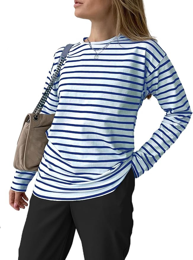 LilyCoco Women's Casual Striped Long Sleeve Shirts Crewneck Basic Loose Fit T Shirt | Amazon (US)