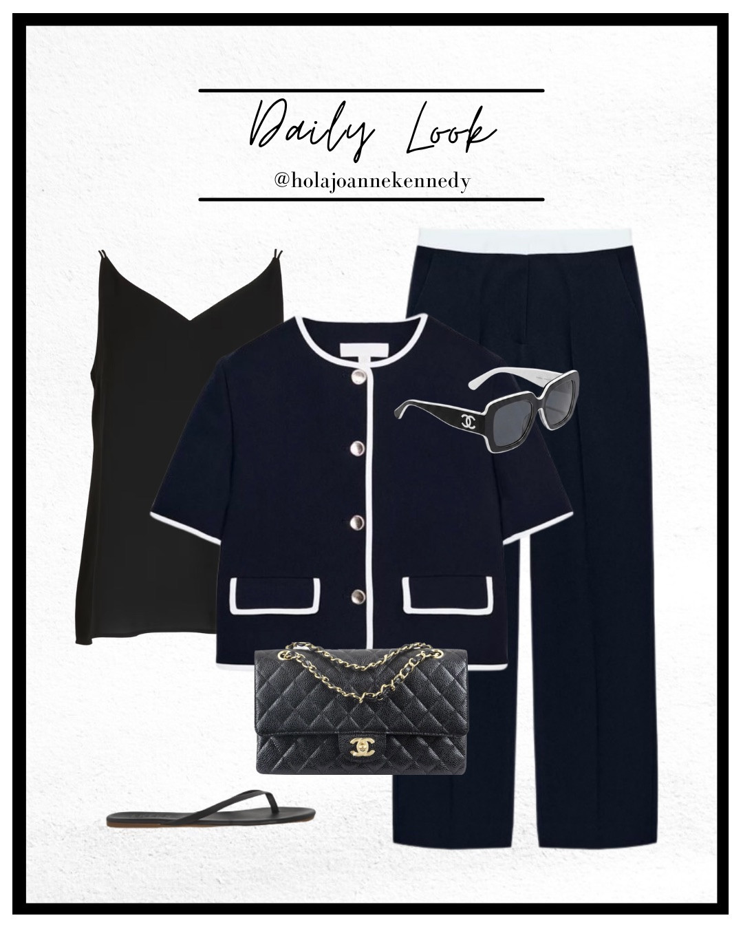 zara navy contrast blazer, zara tailored trousers navy white, short sleeve blazer outfit, monochrome work outfit, smart casual outfit women, black cami outfit, black flip flops outfit, toe post sandals minimal style, chanel classic flap bag black, chanel black white sunglasses, capsule wardrobe outfit, tailored summer outfit, minimal chic outfit, old money style outfit, everyday polished look

#LTKluxury #LTKstyletip #LTKworkwear
