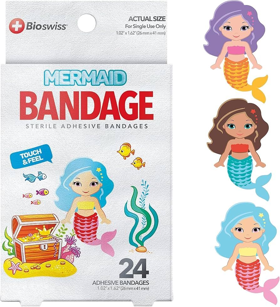 BioSwiss Bandages, Mermaid Shaped Self Adhesive Bandage, Latex Free Sterile Wound Care, Fun First... | Amazon (US)