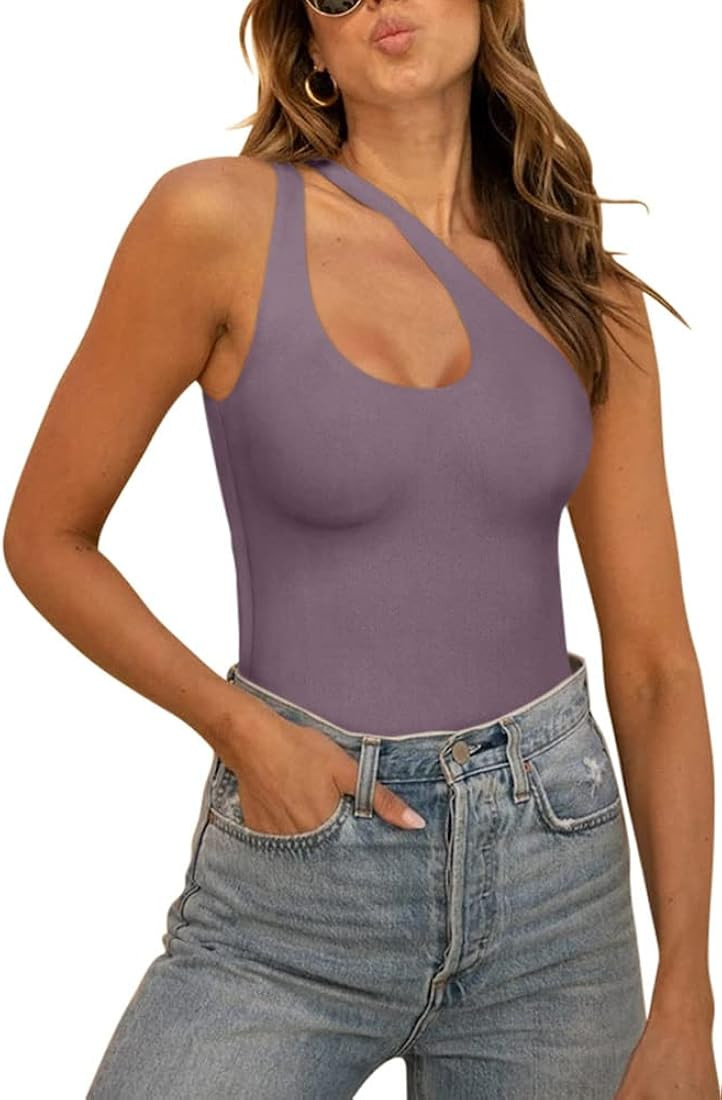 REORIA Women’s Sexy One Shoulder Cutout Front Backless Sleeveless Tank Top Bodysuits | Amazon (US)