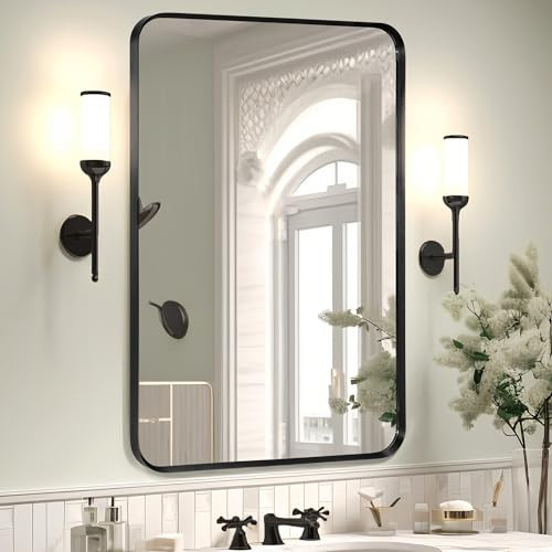 Minuover Wall Mount Mirror for Bathroom, Brushed Black Metal Framed Rounded Corner Rectangular Vanity Mirror (24" x 36", Black) | Amazon (US)