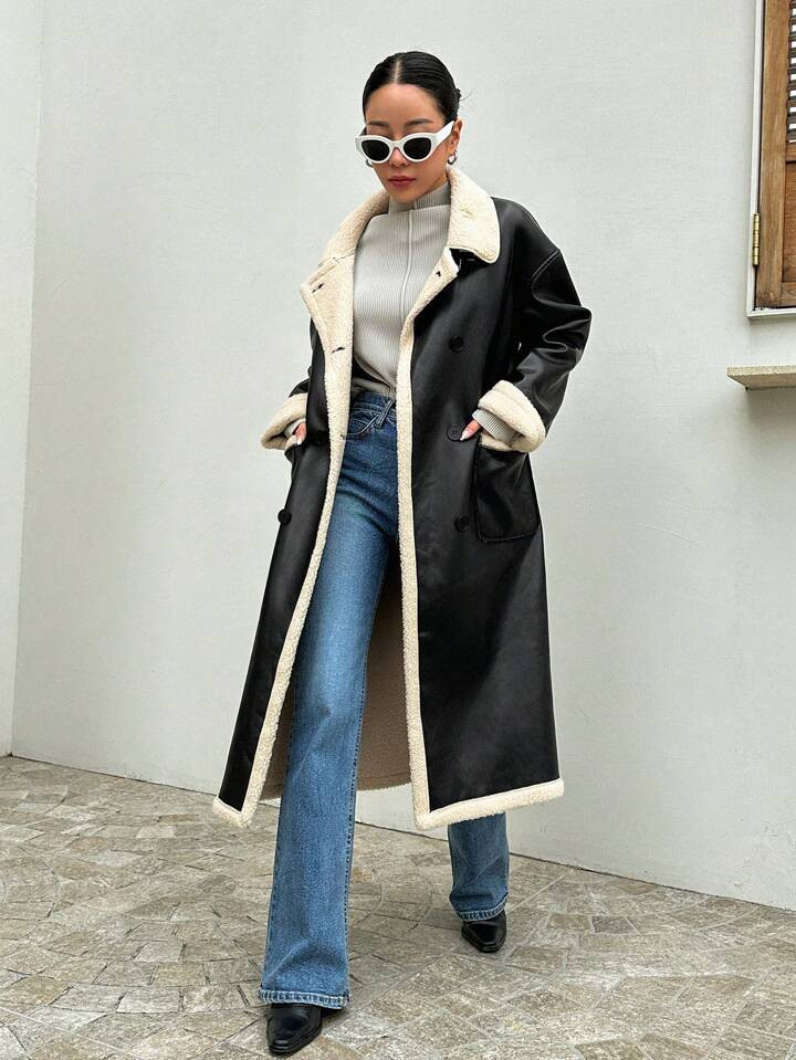 DAZY Double Breasted Contrast Trim PU Leather Coat4.95(43) | SHEIN