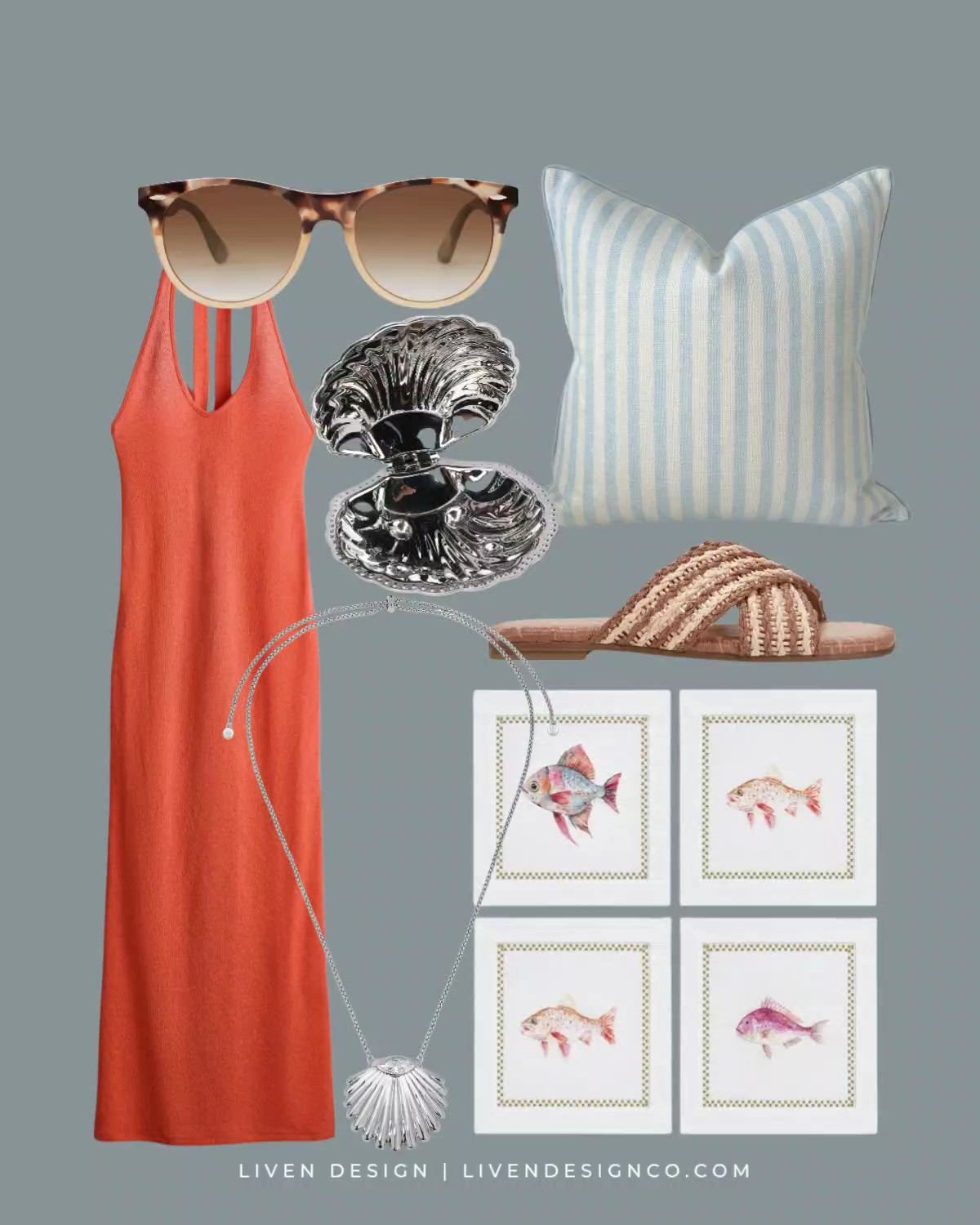 New discoveries. Summer style. Style inspiration. Orange dress. Pillow cover. Amazon decor. Sunglasses. Home decor for summer. Fish cocktail linen napkins. Shell pendant necklace. Statement necklace. Shell dish. Woven sandals. Marc Fisher. 

#LTKSeasonal #LTKHome #LTKSaleAlert