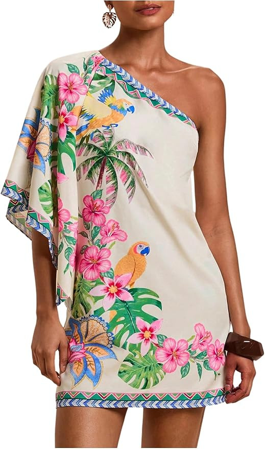 Floerns Women's Floral One Shoulder Mini Dress Dolman Sleeve Vacation Tunic Dresses | Amazon (US)