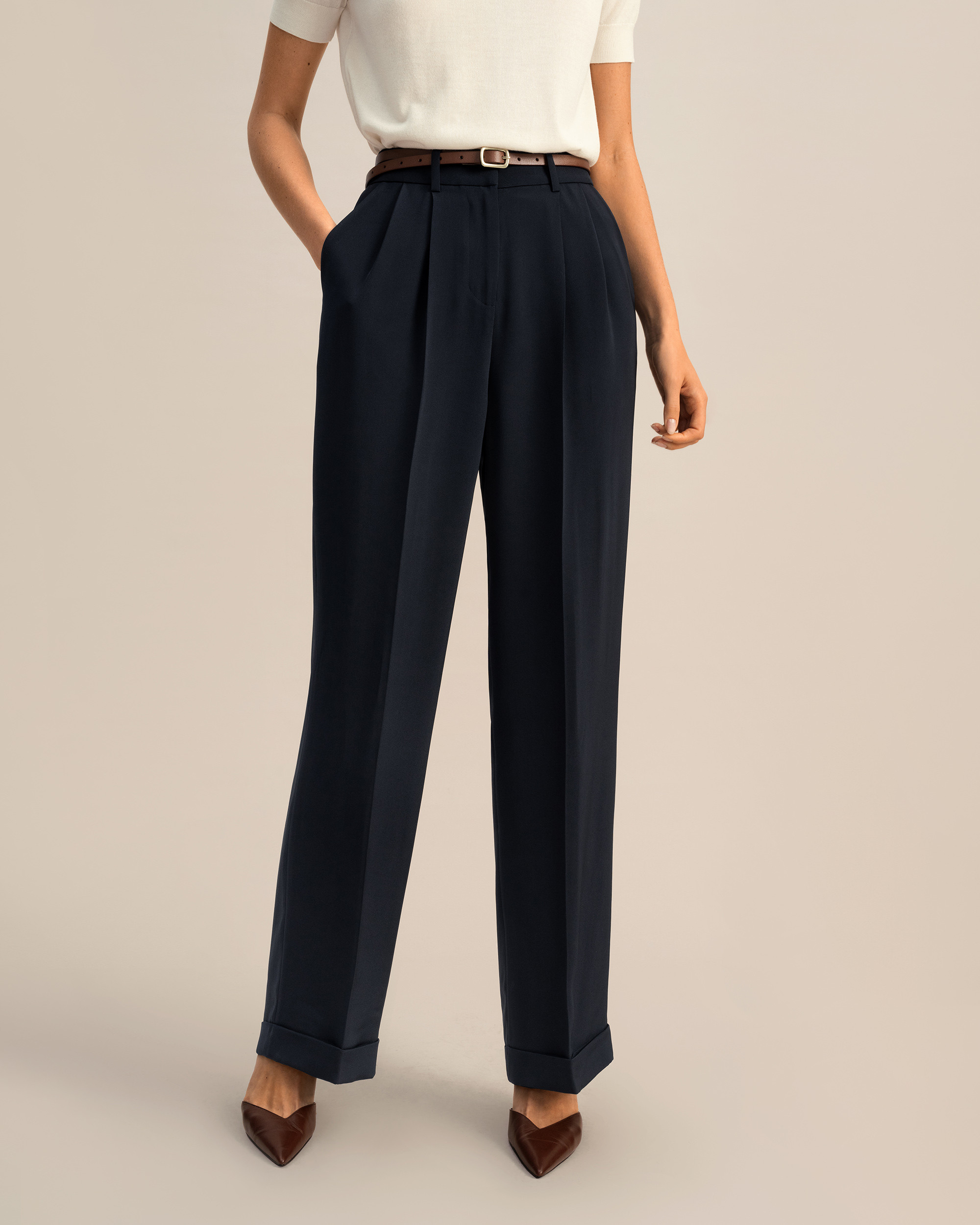 Timeless Pleated Wide-Leg Dense Silk Trousers | LilySilk