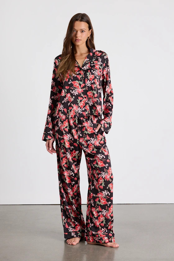 Galette Black Multi Floral Satin Two-Piece Pajama Set | Lulus