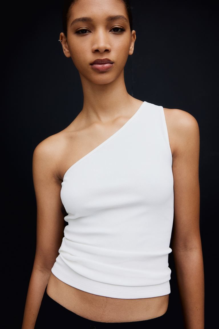 One-shoulder Top - Asymmetric Neckline - Sleeveless - White - Ladies | H&M US | H&M (US + CA)