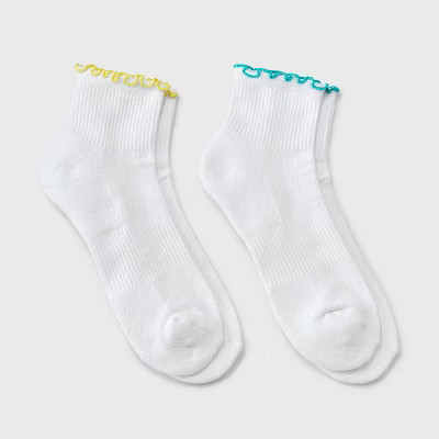Women's Lettuce Edge Cushioned 2pk Ankle Socks - JoyLab™ White/Turquoise/Yellow 4-10 | Target