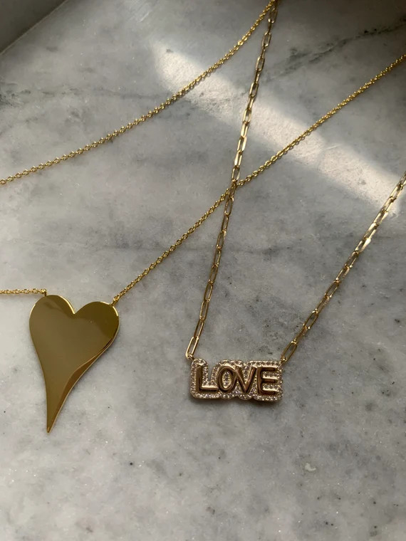 Diamond Cz LOVE necklace , Puff love Gorgeous 14k over sterling dripping chain with gold paper cl... | Etsy (US)