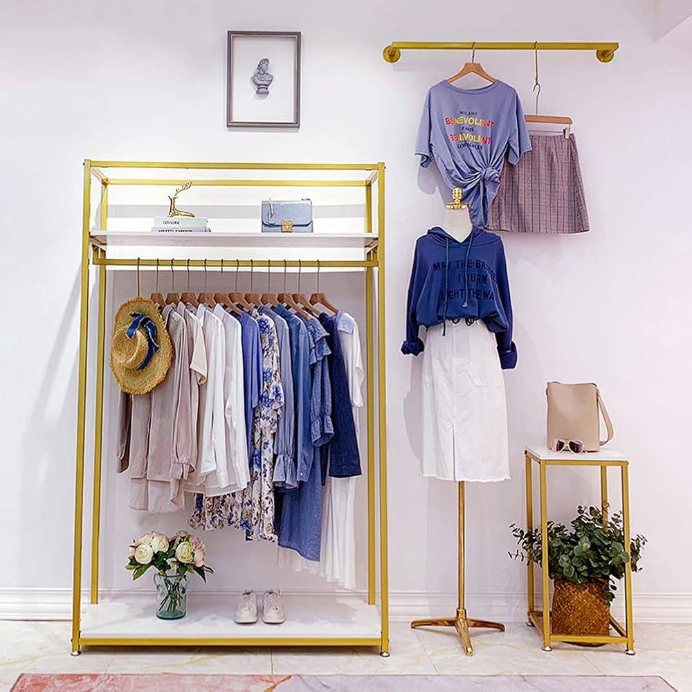 FONECHIN Metal Clothes Display Rack Free Standing Garment Clothing Rack with Wooden Shelves Cover... | Amazon (US)