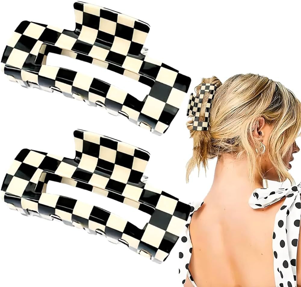 2 PCS Checkered Hair Claw Clips Square Checker Barrettes Cute Non Slip Hair Jaw Clips Strong Hold... | Amazon (US)