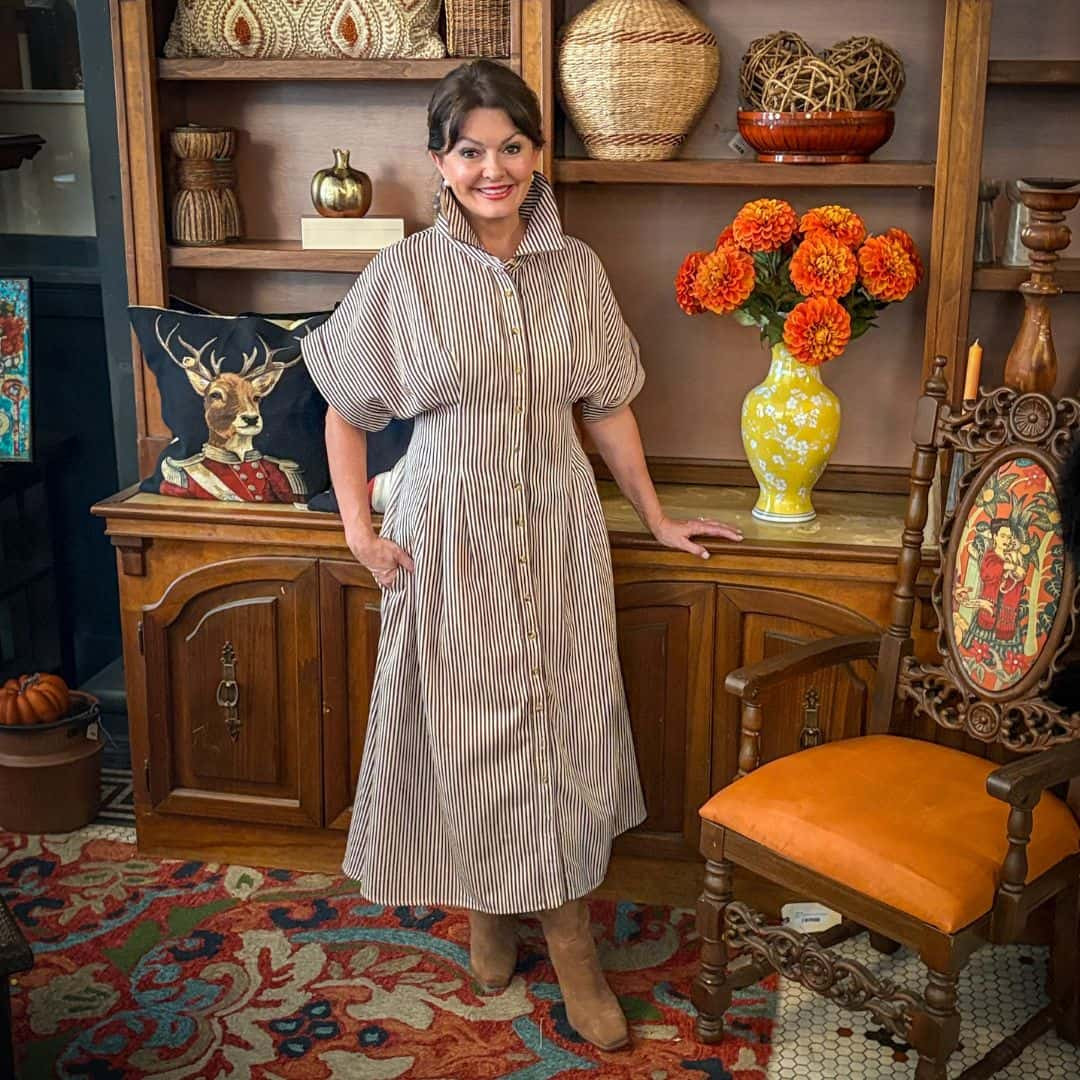 Kim Dress in Brown Stripe – Button-Front Winter Midi with Pockets | Kim Lolley Designs