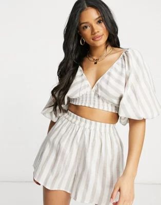 ASOS DESIGN volume sleeve beach set in neutral stripe print | ASOS (Global)