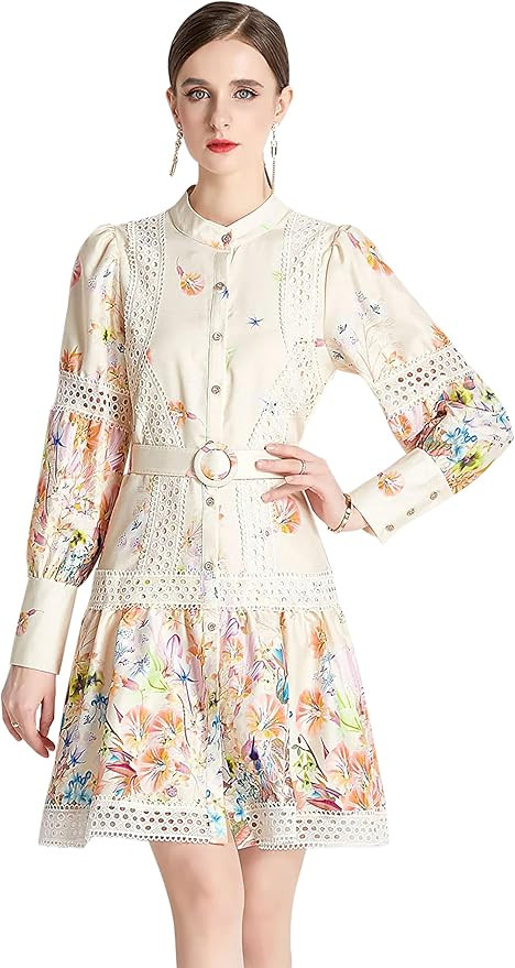 LAI MENG FIVE CATS Women's Hollow Out Floral Print Lantern Sleeve Button Up Casual Mini Dress | Amazon (US)