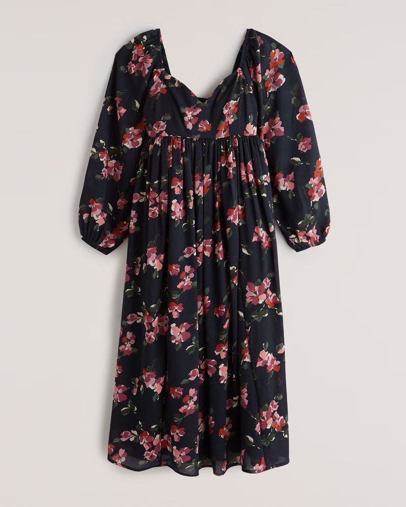 Women's Long-Sleeve Babydoll Midi Dress Black Dress Floral Dress Spring Dress Spring Outfits  | Abercrombie & Fitch (US)