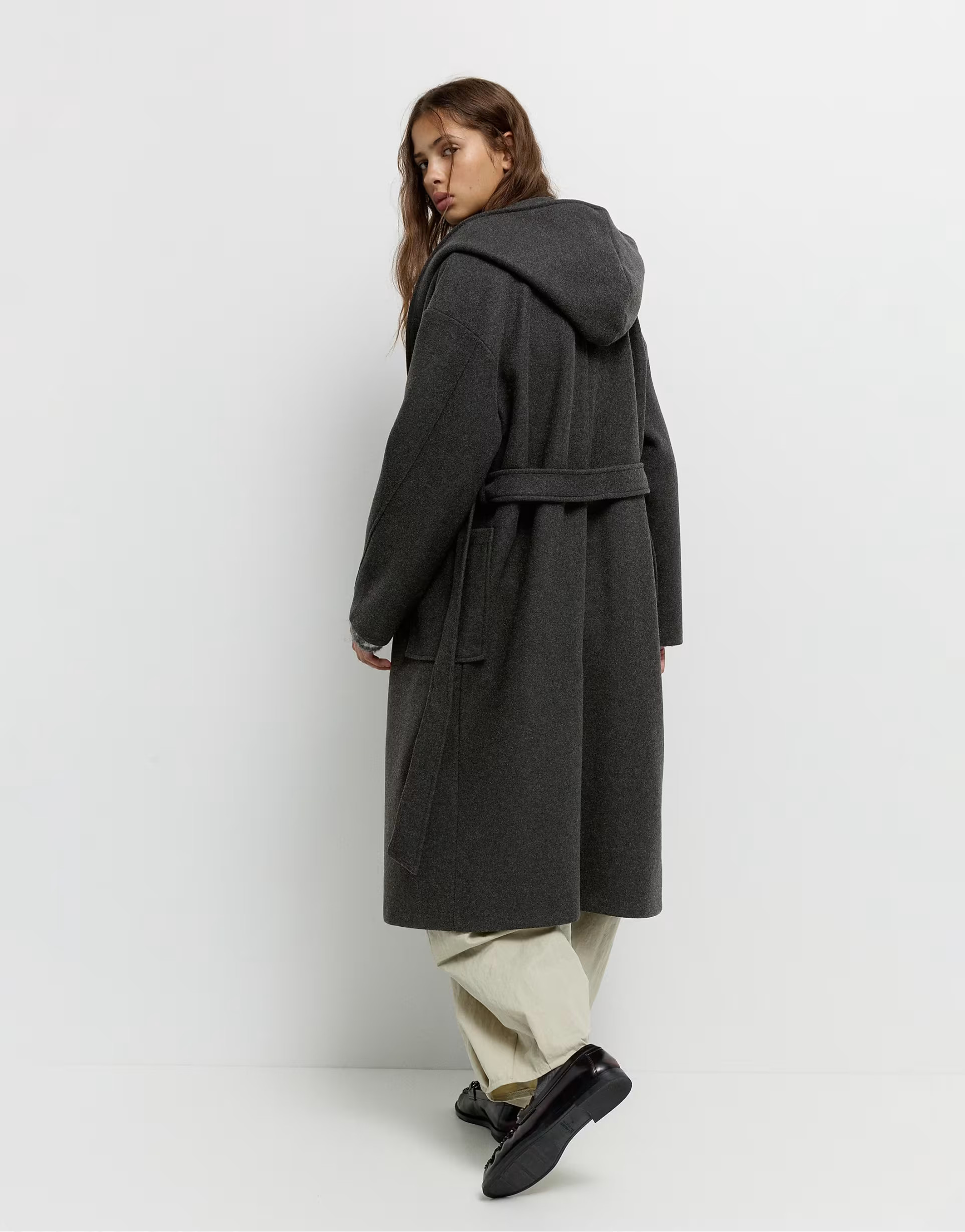 Pull&Bear Soft cloth hooded coat in grey | ASOS (Global)