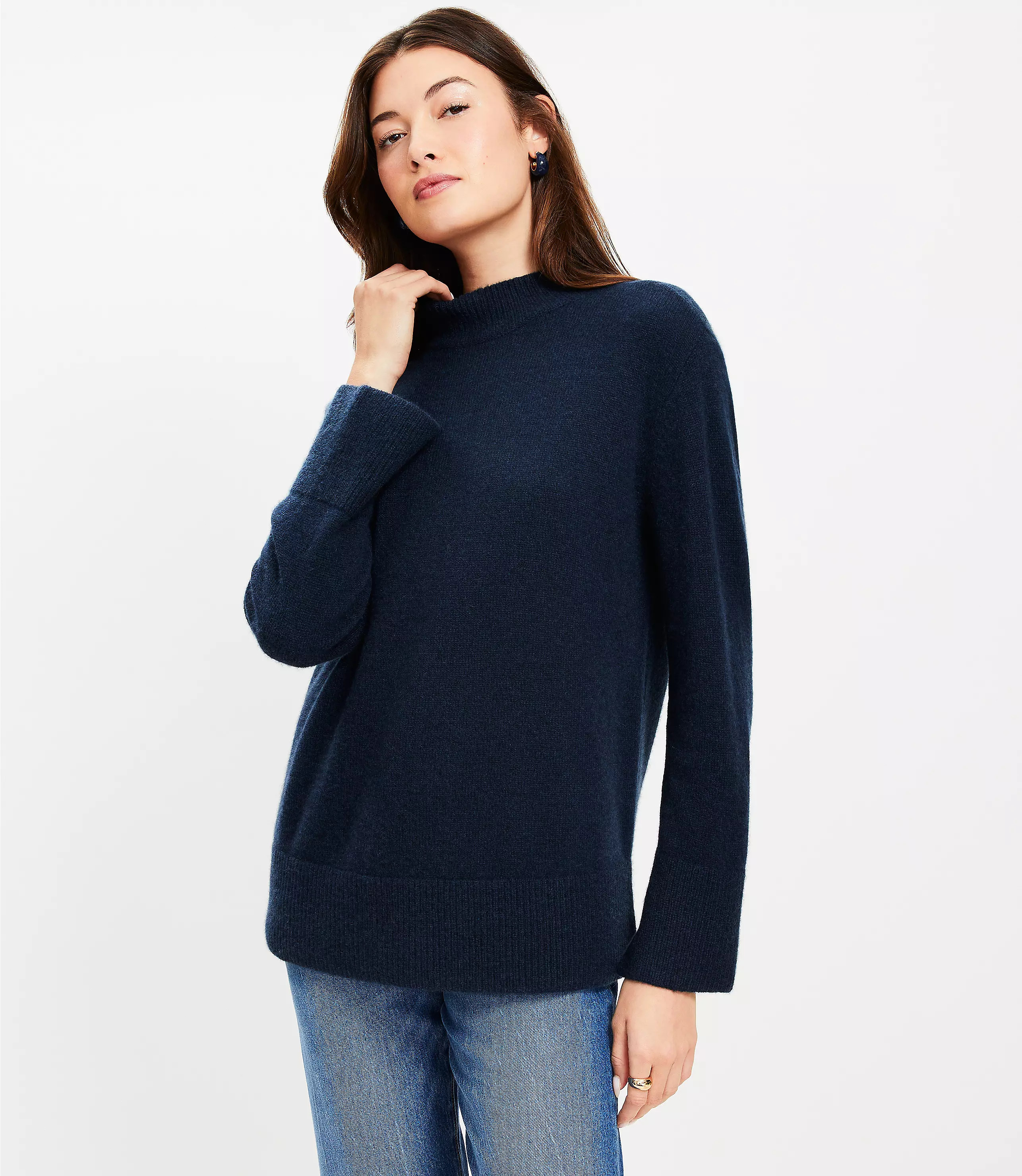 Slit Cuff Mock Neck Cashmere Tunic Sweater | LOFT