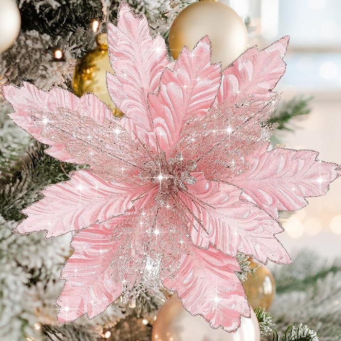6 Pcs 18 x 15 Inch Large Pink Christmas Poinsettia Flowers Jumbo Rose Gold Xmas Ornament Pink Chr... | Amazon (US)
