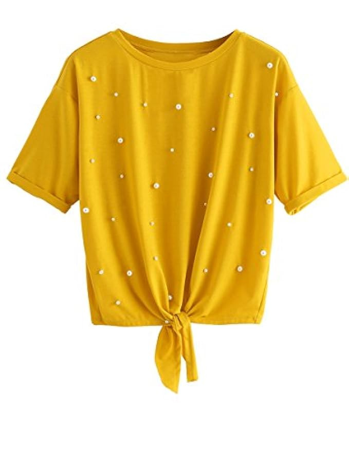 Romwe Women's Short Sleeve Tie Front Knot Casual Loose Fit Tee T-Shirt | Amazon (US)