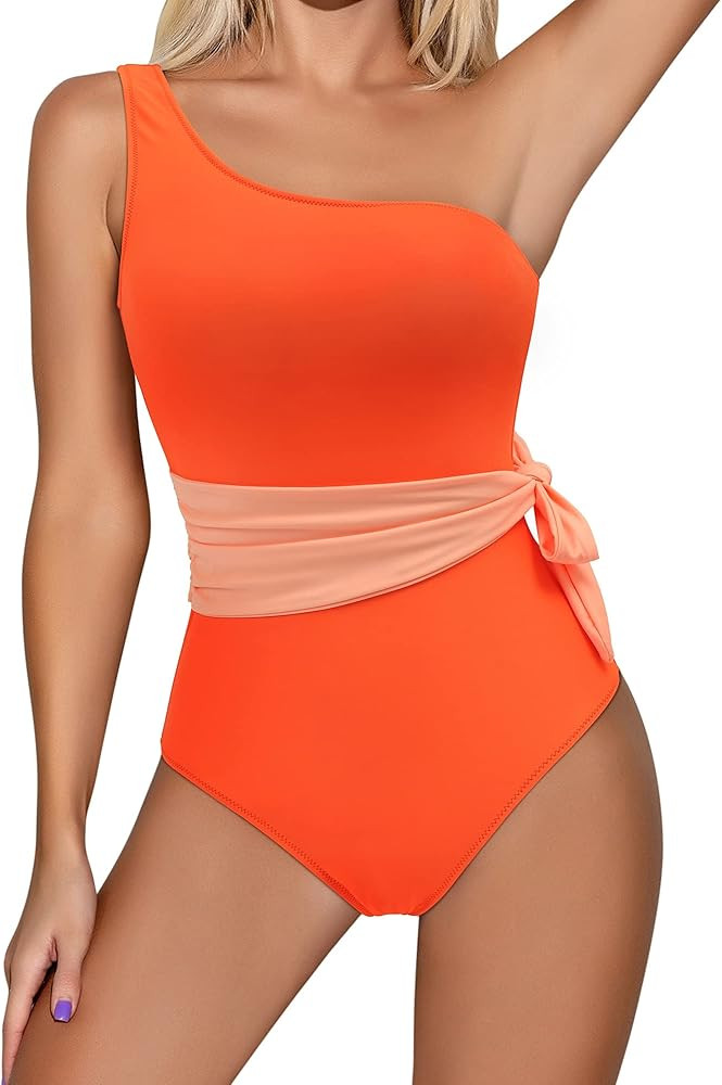 RXRXCOCO Women One Shoulder Bathing Suit Side Bandage Bowknot Tummy Control One Piece Swimsuit Swimw | Amazon (US)