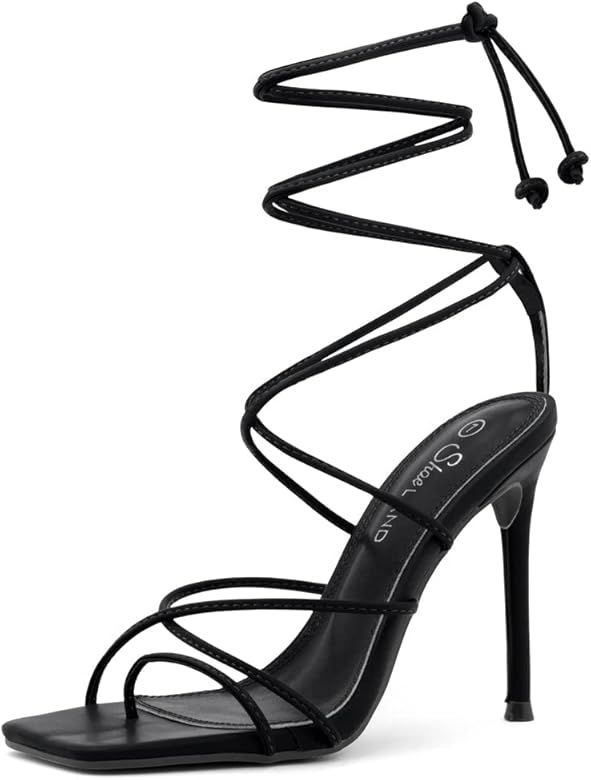 Shoe Land SL-Finely Women's Square Toe Lace Up Party Shoes Stiletto Heeled Sandals | Amazon (US)