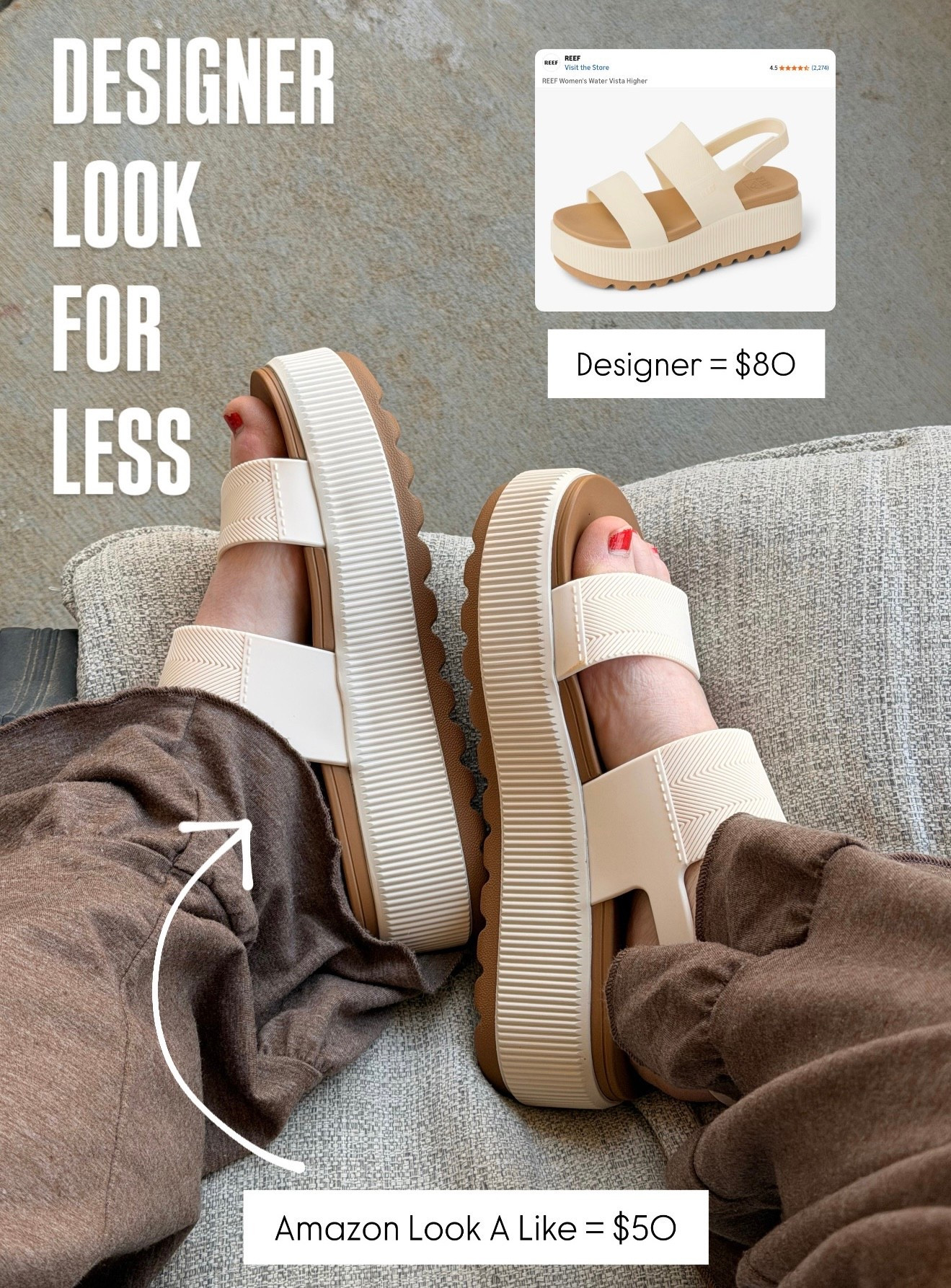 Designer look for less, “Reef” inspired sandals on Amazon and I am here for these 👏

They are waterproof and I love the platform style because I’m short and could always use a couple extra inches. No details are missing in this look for less

Perfect for pool days, beach or just the go to vacation shoe this summer. Dress them up for a dinner onvaation or dress them down for afternoon lunc

SIZING 
I am wearing my true to size and they work but I do recommend getting half a size bigger if you can because the heel strap has a good bit of room to adjust. My true to size is fine but heels and toes are right on the edge.

#LTKTravel #LTKSeasonal #LTKSwim