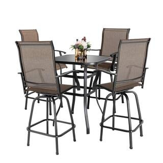 Nuu Garden Brown 5-Piece Metal Patio Outdoor Bar Set with High Swivel Bistro Chairs and Square Ta... | The Home Depot