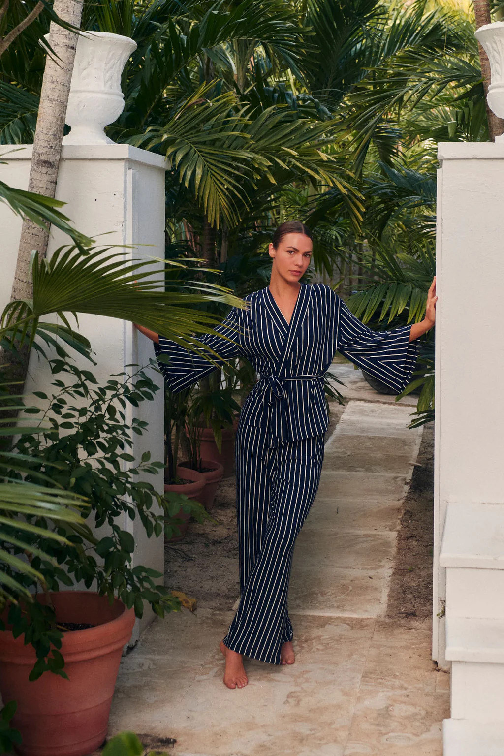 DreamModal® Kimono Pajama Set in English Navy Vertical Stripe | Lake Pajamas