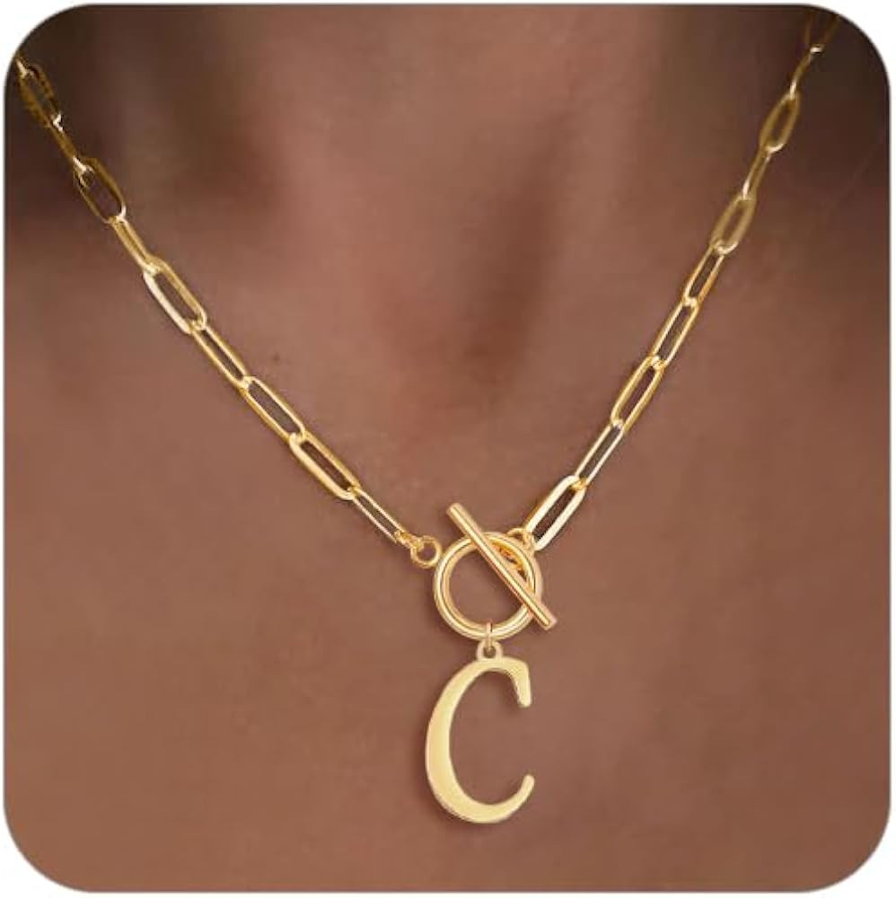 Gold Initial Necklaces For Women- Vintage 18K Gold Plated Toggle Letter Necklace Paper Clip Chain... | Amazon (US)