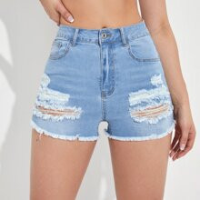 Ripped Frayed Raw Hem Denim Shorts | SHEIN