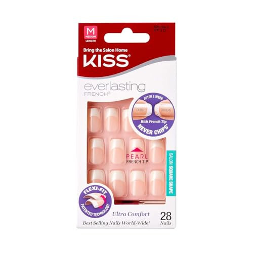 Kiss Everlasting French Nail Manicure, Chip-Free, Flexi-Fit Technology, Real Short, "String of Pearls", Nail Kit with Pink Nail Glue (Net Wt. 2g / 0.07oz), Mini File, Manicure Stick, and 28 Fake Nails | Amazon (US)