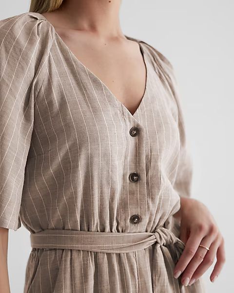 Linen-Blend Striped Button Up Tie Waist Romper | Express