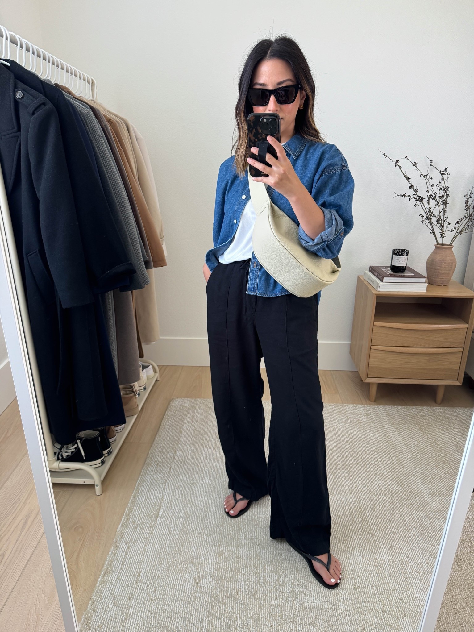 Updated mom uniform. Bring your mom uniform to 2025. Linen blend pants are Gap Factory but I think sold out in black. wearing the petite xs and they're roomy. Great fit. 

J.Crew shirt xs
Everlane tee medium
Gap Factory linen blend pants petite xs
Havaianas sandals 5
Amazon sling bag
YSL sunglasses
J.Crew earrings
Dorsey James necklace 15"

#LTKPetite #LTKFindsUnder100 #LTKShoeCrush