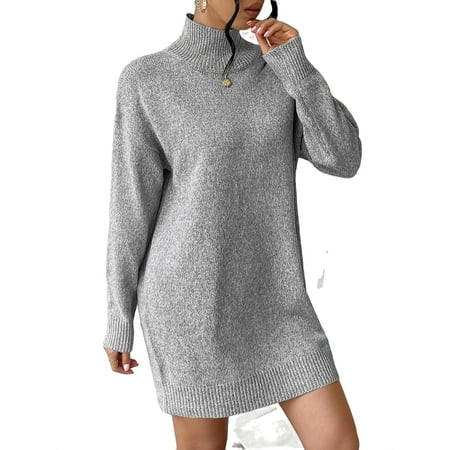 Casual Plain High Neck Long Sleeve Grey Women Sweater Dresses Without Belt (Women s) | Walmart (US)