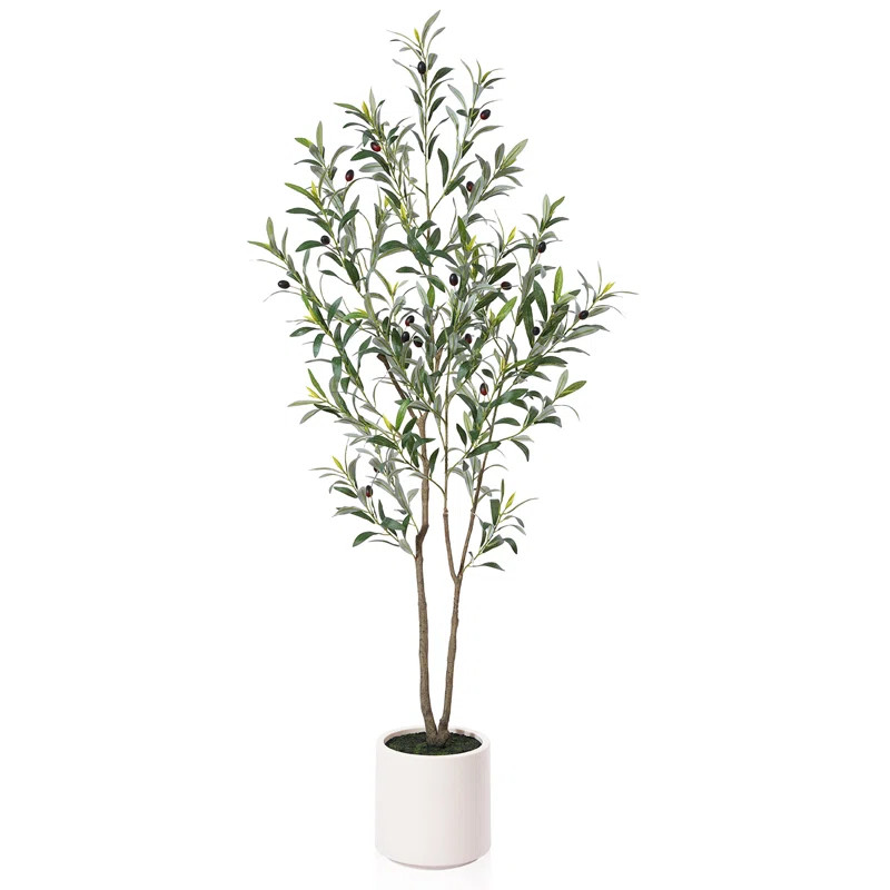 Primrue Adcock Faux Olive Tree in White Planter, Lifelike Fake Olive Plant for Indoor and Outdoor... | Wayfair North America