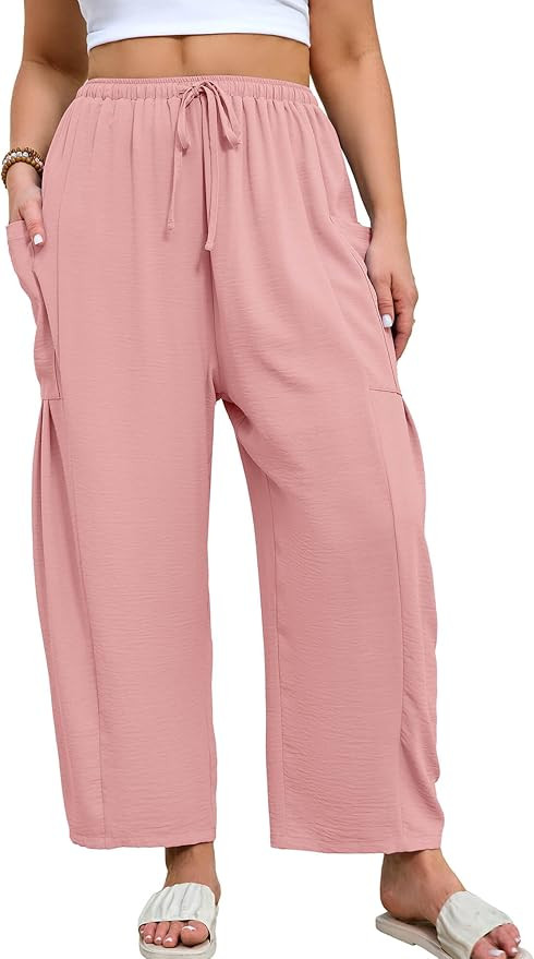 AusLook Plus Size Wide Leg Pants for Women with Pockets Elastic Drawstring Ankle Length Palazzo S... | Amazon (US)