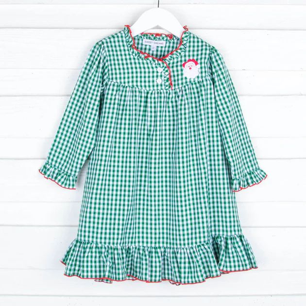 Embroidered Santa Green Gingham Gown | Classic Whimsy